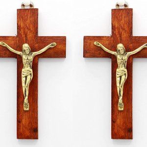 1 set of 2pcs, 6 Inch Handmade Wood and Brass Jesus Christ Crucifix cross.